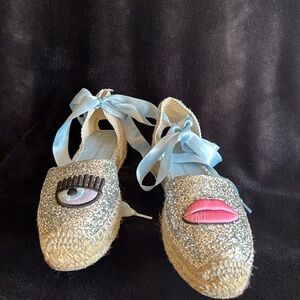 Espadrille silver glitter upper brand signature embroidered ribbon ankle